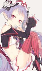  blush disgaea doctor female hair_ornament highres holding holding_syringe kojiki-life long_hair looking_at_viewer majorita_(disgaea) makai_senki_disgaea_5 makai_wars navel panties pointy_ears purple_hair red_eyes ribbon shirt simple_background sitting socks solo syringe twintails underwear very_long_hair white_background 