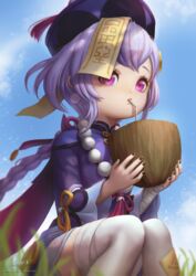  black_nails chinese_clothes coconut drink drinking drinking_straw female genshin_impact grass hair_ornament hat jiangshi lolicon nail_polish purple_eyes purple_hair qiqi short_hair sitting solo winterleigh 