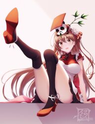  absurdres animal_on_head arm_support artist_logo black_thighhighs breasts brown_hair chengdu_(oshiro_project) commentary_request commission convenient_leg dated dress female flower grey_background hair_between_eyes hair_flower hair_ornament hair_ribbon head_tilt high_heels highres knee_up large_breasts leg_up legs long_hair long_legs looking_at_viewer on_head open_mouth orange_footwear orange_ribbon oshiro_project:re over-kneehighs panda pixiv_commission ribbon shadow short_sleeves sidelocks sitting solo suryua thighhighs thighs very_long_hair white_dress 