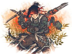  apex_legends armor black_hair black_pants brown_eyes cloud_marauder_valkyrie eyeshadow female hair_behind_ear head_tilt headband jetpack kanzumesabako looking_at_viewer makeup missile_pod official_alternate_costume pants plant ponytail red_eyeshadow red_headband solo torn_clothes torn_pants valkyrie_(apex_legends) 