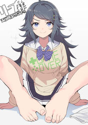  ahoge arm_support bare_legs barefoot black_hair black_skirt blue_bow blue_bowtie blue_eyes blush bow bowtie closed_mouth commission english_text feet female foreshortening full_body goten_(510gensoku) grey_background hair_ornament hairclip highres inohara_koboshi knees_apart_feet_together legs long_hair long_sleeves looking_at_viewer off_shoulder ongeki pleated_skirt school_uniform shadow shirt sidelocks simple_background sitting skeb_commission skirt smile solo spread_toes striped_bow striped_bowtie striped_clothes sweater swept_bangs toenails toes translation_request unworn_socks white_shirt white_skirt white_sweater 