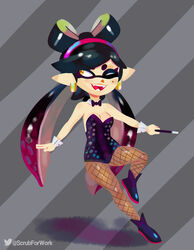  absurd_res accessory animal_humanoid bow_(feature) bow_in_front bow_ribbon bow_tie breasts bunny_costume callie_(splatoon) cephalopod cephalopod_humanoid cleavage clothed clothing costume ear_piercing ear_ring female fishnet_clothing footwear grey_background hair_accessory hair_ribbon hairbow hi_res humanoid humanoid_pointy_ears inkling legwear leotard magic_wand marine marine_humanoid markings mole_(marking) mollusk mollusk_humanoid nintendo one_eye_closed pattern_background piercing pseudo_hair ribbons ring_piercing simple_background solo somescrub splatoon stockings striped_background tentacle tentacle_hair tight_clothing wand wink 