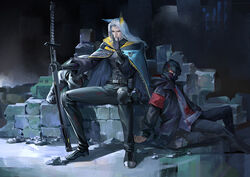  3boys animal_ears arknights armband beard belt black_footwear black_gloves black_headwear black_pants blood blood_on_clothes blue_cape cape commentary_request corpse facial_hair firebomb_thrower_(arknights) gloves hellagur_(arknights) holding holding_sword holding_weapon hood hooded_jacket jacket knee_pads long_hair long_sleeves male_focus moustache multiple_boys old old_man pants photoshop_(medium) reunion_soldier_(arknights) rubble ruoruoqiuu scabbard sheath sheathed sitting smoking sword weapon white_hair 