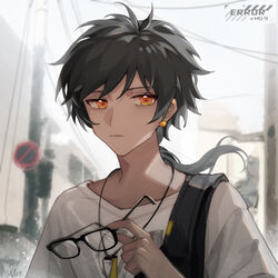  1boy alternate_costume arknights black-framed_eyewear black_hair casual chinese_commentary commentary_request dark_skin day earrings expressionless glasses highres holding holding_removed_eyewear jewelry long_hair long_sleeves looking_away low_ponytail male_focus necklace no.9_yualuodesi_mimitongxinzhong official_alternate_costume outdoors shirt short_sleeves solo thorns_(arknights) thorns_(comodo)_(arknights) unworn_eyewear upper_body watermark white_shirt yellow_eyes 