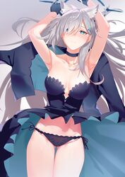  absurdres ahoge animal_ears armpits black_choker blue_archive blue_eyes breasts broken_halo choker cleavage cross_hair_ornament dark_persona extra_ears female gloves grey_hair hair_ornament halo highres mismatched_pupils on_bed panties serelith shiroko_(blue_archive) shiroko_terror_(blue_archive) solo thigh_gap underwear wolf_ears 