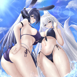  2girls absurdres animal_ears ass azur_lane bikini blue_bikini blue_eyes blue_hair bracelet breasts cleavage day dripping headgear highres jewelry large_breasts looking_at_viewer multiple_girls navel new_jersey_(azur_lane) noa_(skae3323) outdoors rabbit_ears shinano_(azur_lane) stomach sunlight swimsuit thighs underboob wading water wet white_hair 