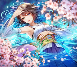  amazio_komeko blue_eyes breasts brown_hair detached_sleeves female final_fantasy final_fantasy_x flower green_eyes hair_ornament hakama hakama_skirt heterochromia japanese_clothes jewelry looking_at_viewer necklace open_mouth short_hair skirt solo water yuna_(ff10) 