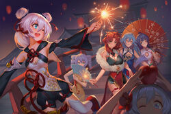  6+girls absurdres apple black_hair blue_dress blue_eyes blue_hair bronya_zaychik china_dress chinese_clothes chinese_new_year closed_eyes double_bun dress drill_hair fireworks flower food fruit fu_hua fu_hua_(blue_swallow) fu_hua_(valkyrie_accipiter) grey_eyes grey_hair hair_between_eyes hair_bun hair_flower hair_ornament highres honkai_(series) honkai_impact_3rd kiana_kaslana lantern long_hair looking_at_viewer low-tied_long_hair low_ponytail multiple_girls murata_himeko murata_himeko_(vermillion_knight) new_year night night_sky official_alternate_costume one_eye_closed outdoors ponytail raiden_mei red_hair shirt sky sleeveless steven_kn theresa_apocalypse theresa_apocalypse_(valkyrie_pledge) thighs twin_drills umbrella white_shirt yellow_eyes 