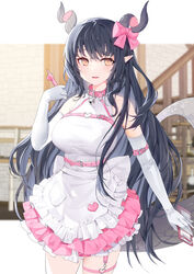  apron bare_shoulders belt black_hair bow breasts brown_eyes collar commentary cowboy_shot curled_horns dragon_girl dragon_horns dragon_tail dress duplicate elbow_gloves female frilled_dress frills gloves hairbow hand_up highres holding horns large_breasts long_hair looking_at_viewer maid maid_apron mole mole_on_armpit multiple_belts oerba_yun_fang open_mouth original pen pink_dress pixel-perfect_duplicate pointy_ears ronopu sidelocks sleeveless sleeveless_dress slit_pupils smile solo standing symbol-only_commentary tail taut_clothes taut_dress thigh_strap very_long_hair white_gloves yellow_eyes 