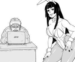  1boy animal_ears artist_self-insert asus bb_(baalbuddy) breasts commentary computer desk detached_collar english_commentary facial_hair fake_animal_ears female fourth_wall greyscale hand_on_own_hip hand_on_own_leg highres hime_cut hime_cut_wife_(baalbuddy) laptop large_breasts leotard long_hair looking_at_viewer monochrome original pantyhose playboy_bunny plunging_neckline rabbit_ears simple_background sitting strapless strapless_leotard stubble white_background wrist_cuffs 