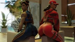  16:9 2girls 3d 3d_(artwork) artist_logo bare_arms baseball_cap blender blue_clothing chun-li chun-li_(fortnite) darkbahamuth female female_only fortnite from_behind indoors long_sleeves looking_back midriff_peek patreon_username potted_plant red_clothing red_hat ruby_(fortnite) street_fighter tagme twitter_logo twitter_username 