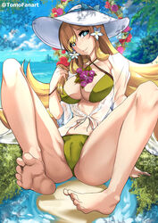  absurdres aqua_eyes artist_name barefoot bikini blonde_hair breasts cameltoe cleavage commentary commission criss-cross_halter english_commentary feet female fire_emblem fire_emblem_heroes flower green_bikini hair_flower hair_ornament halterneck hat hat_ribbon highres holding_own_hair knees_up large_breasts legs long_hair looking_at_viewer official_alternate_costume partially_visible_vulva ribbon sidelocks smile soles solo swimsuit toes tomodachi_(tomofanart) very_long_hair white_hat ymir_(fire_emblem_heroes) ymir_(summer)_(fire_emblem_heroes) 