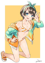  absurdres bikini black_hair blue_eyes breasts cleavage female full_body green_jacket highres hololive jacket k_einosuke kneeling looking_at_viewer medium_breasts navel oozora_subaru oozora_subaru_(hololive_summer_2019) open_clothes polka_dot_hairband sandals short_hair solo stomach striped_bikini striped_clothes swept_bangs swimsuit virtual_youtuber yellow_bikini 