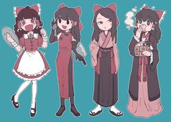  5girls @_@ alternate_costume apron bad_id bad_twitter_id black_coat black_eyes black_gloves black_hair black_legwear blue_background blunt_bangs bow bowtie brown_eyes brown_hair cellphone china_dress chinese_clothes cleaver closed_mouth coat commentary_request cookie_(touhou) dress eating elbow_gloves flip_phone food frilled_apron frilled_bow frilled_hair_tubes frills fruit full_body geta gloves hair_tubes hairbow hakurei_reimu haori high_heels highres hita_(hizokuseikogeki) holding holding_knife holding_tray hotaruda_(cookie) japanese_clothes kimono knife long_hair looking_at_viewer looking_to_the_side miko mini_person minigirl multiple_girls noel_(cookie) open_mouth pantyhose peach phone pink_bow pink_bowtie pink_kimono ponytail puffy_short_sleeves puffy_sleeves red_bow red_dress rurima_(cookie) shinonome_(cookie) shiromiya_rei short_sleeves simple_background smile standing swept_bangs tabi touhou tray waist_apron waitress white_apron 