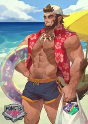  1boy abs absolum_art alternate_costume animal_ears backwards_hat bag bara bare_pectorals beach beard blue_eyes brown_hair bulge chest_hair copyright_name cowboy_shot dark-skinned_male dark_skin dolphin_shorts facial_hair grin hairy hat highres innertube jacket large_pectorals male_focus male_swimwear mature_male monster_boy monster_prom muscular muscular_male navel navel_hair nipples open_clothes open_jacket outdoors pectorals scott_howl shopping_bag short_hair shorts sleeves_rolled_up smile solo swim_briefs swim_ring tail thick_thighs thighs water werewolf wolf_boy wolf_ears wolf_tail 