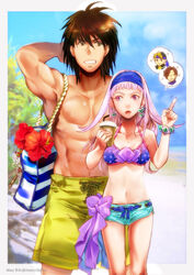  1boy abs bad_id bad_pixiv_id bag breasts earrings female flik_(suikoden) gensou_suikoden gensou_suikoden_ii hairband jewelry long_hair macrib navel open_mouth shorts sierra_mikain swimsuit tree viktor_(suikoden) 