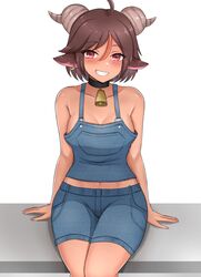  ahoge arm_support bell blush breasts brown_hair collarbone commentary dark-skinned_female dark_skin denim denim_shorts english_commentary female grin highres horizontal_pupils horns looking_at_viewer medium_breasts navel neck_bell original parted_lips red_eyes short_hair shorts sitting sleeptopi smile solo teeth 