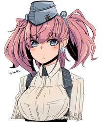  atlanta_(kancolle) black_hat blush bra_visible_through_clothes breasts brown_hair buttons closed_mouth collared_shirt commentary cropped_torso earrings female garrison_cap grey_eyes hair_between_eyes hat headgear highres isetta jewelry kantai_collection large_breasts long_hair military military_hat shirt simple_background solo star_(symbol) star_earrings suspenders twitter_username two_side_up upper_body white_background white_shirt 