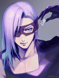  1boy 723_(tobi) blood green_eyes grey_background holding jojo_no_kimyou_na_bouken licking_lips lips long_hair long_sleeves male_focus mask melone purple_hair purple_shirt shirt simple_background single_bare_shoulder solo tongue tongue_out vento_aureo 