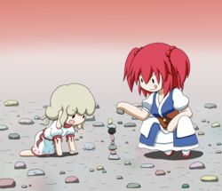  2girls :d :q all_fours barefoot blonde_hair chibi commentary dress ebisu_eika gradient_background grey_background hair_between_eyes hair_bobbles hair_ornament jellyfish layered_dress long_earlobes multiple_girls okobo onozuka_komachi open_mouth puffy_short_sleeves puffy_sleeves rakugaki-biyori red_background red_footwear red_hair rock rock_balancing sandals shadow short_hair short_sleeves smile solid_oval_eyes squatting stacking tabi tongue tongue_out touhou two_side_up v-shaped_eyebrows white_dress 