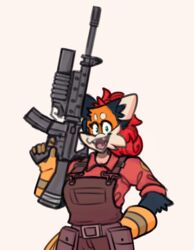  anthro assault_rifle canid canine clothing cute_fangs engineer_(team_fortress_2) female fox gloves green_eyes grenade_launcher gun hair hand_on_hip handwear looking_at_viewer m16 m203 mammal orange_body overalls pepper_(sketchytoasty) ranged_weapon red_hair rifle shirt simple_background sketchytoasty smile smiling_at_viewer solo team_fortress_2 third-party_edit tied_hair topwear underbarrel_grenade_launcher valve weapon 