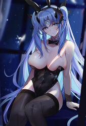  absurdres animal_ears black_bow black_bowtie black_hairband black_leotard black_thighhighs blue_eyes blue_hair bow bowtie breasts changpan_hutao covered_navel detached_collar facial_mark fake_animal_ears fate/grand_order fate_(series) female forehead_mark hairband highleg highleg_leotard highres ishtar_(fate) large_breasts leotard long_hair playboy_bunny rabbit_ears sitting solo space_ishtar_(astarte_origin)_(fate) space_ishtar_(fate) strapless strapless_leotard thighhighs traditional_bowtie two_side_up very_long_hair wrist_cuffs 