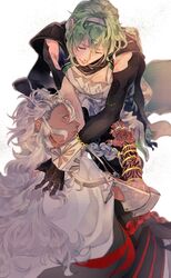  2boys bare_shoulders bracelet braid cape closed_eyes collarbone dark-skinned_male dark_skin david_(fate) fate/grand_order fate_(series) father_and_son gloves green_hair highres jewelry long_hair long_sleeves male_focus mms_(fmamtse) multiple_boys multiple_rings ring smile solomon_(fate) tiara vambraces very_long_hair white_background white_hair yellow_eyes 