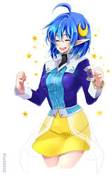  blue_hair closed_eyes crescent crescent_hair_ornament crescent_moon female hair_ornament highres moon open_mouth pointy_ears ponyo_soa rena_lanford short_hair smile star_ocean star_ocean_blue_sphere 