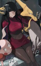  alakazam bent_spoon black_hair blunt_bangs bodysuit breasts commentary covered_navel cropped_jacket female gloves hand_up highres j@ck jacket long_hair long_sleeves looking_at_viewer mr._mime pencil_skirt pokemon pokemon_(creature) pokemon_frlg red_eyes red_jacket red_skirt sabrina_(pokemon) side_slit sidelocks sitting skirt spoon turtleneck turtleneck_jacket venomoth white_gloves 