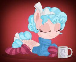  closed_eyes clothed clothed_feral clothing container cozy_glow_(mlp) cup digital_media_(artwork) equid equine eyelashes feathered_wings feathers female feral friendship_is_magic hasbro hi_res legwear mammal my_little_pony mythological_creature mythological_equine mythology pattern_clothing pattern_legwear pegasus solo striped_clothing striped_legwear stripes vito wings 