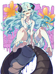  aqua_eyes aqua_hair aqua_nails arm_between_legs asymmetrical_horns bandage_on_thigh barefoot breasts character_request cleavage collarbone commission copyright_request dragon_horns dragon_tail eyelashes feet female foreshortening frilled_shirt frilled_shorts frills hair_between_eyes hand_up highres holding_own_tail horns invisible_chair legs lingerie long_hair nail_polish navel oerba_yun_fang open_mouth pointy_ears shadow shirt shorts sidelocks sitting small_breasts soles solo spread_toes tail toe_scrunch toenail_polish toenails toes underwear ushiki_yoshitaka 