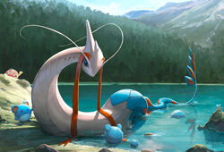  antennae fins forest gills highres lake looking_at_another marill mcgmark milotic mountain mountainous_horizon nature no_humans outdoors partially_submerged pokemon pokemon_(creature) rock scenery shellos shellos_(east) shuckle tail tree water wet 