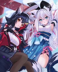  2girls absurdres animal_ear_fluff animal_ears armpits black_gloves black_hair black_pantyhose black_skirt blue_skirt blush braid breasts commentary_request detached_sleeves fake_animal_ears fox_ears fox_girl fox_tail gloves green_eyes hair_between_eyes hair_ornament hairclip highres hololive long_hair long_skirt looking_at_viewer medium_breasts multicolored_hair multiple_girls obi ookami_mio open_mouth pantyhose petals rabbit_ears red_hair sash shirakami_fubuki sidelocks single_braid skirt soma443 streaked_hair tail torii virtual_youtuber white_hair wolf_ears wolf_girl wolf_tail yellow_eyes 