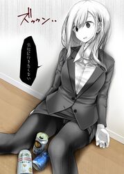  ashita_no_joe bad_id bad_twitter_id beer_can black_pantyhose can collared_shirt drink_can empty_eyes female gloom_(expression) greyscale highres leaning long_sleeves monochrome office_lady ol-chan_(oouso) oouso original pantyhose pencil_skirt shirt sidelocks sitting skirt solo translated 