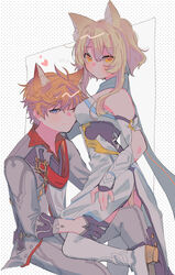  1boy ahoge animal_ears bare_shoulders between_breasts blonde_hair blue_eyes breasts capelet cat_ears coat dotted_background dress face_between_breasts female genshin_impact gloves hair_between_eyes hair_ornament head_between_breasts high_heels highres kemonomimi_mode looking_at_viewer lumine_(genshin_impact) one_eye_closed orange_hair pants short_hair straight superdiviatomic tartaglia_(genshin_impact) white_coat white_dress white_legwear white_pants 