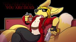  16:9 4_tails beverage_can canid canine eyewear fox furniture glasses gun hair handgun male mammal multi_tail pistol ranged_weapon sofa solo stupidshepherd tail tatsu_kimiero weapon widescreen 