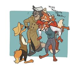  3_toes america_sings anthro barefoot black_nose br&#039;er_fox canid canine clothed clothing disney disney_parks feet fox fur group hat headgear headwear japanese_text male mammal simple_background song_of_the_south splash_mountain text toes uochandayo 