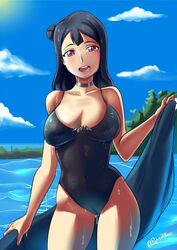  bad_id bad_pixiv_id breasts cameltoe female highres love_live! love_live!_sunshine!! mature_female outdoors pabsmikan self-upload solo swimsuit tsushima_yoshiko 