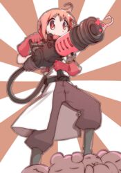  absurdres ahoge black_footwear blush boots commentary_request cosplay crossover female full_body gloves highres long_sleeves looking_away majormilk medi_gun medic_(tf2) medic_(tf2)_(cosplay) meet_the_medic nonohara_yuzuko pink_eyes pink_hair red_gloves red_medic_(tf2) red_medic_(tf2)_(cosplay) rubber_gloves short_hair smile solo team_fortress_2 the_quick-fix yuyushiki 