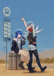  2girls 3four arknights bag bare_legs bare_shoulders black_footwear black_pants black_pantyhose blue_eyes boots breasts bus_stop_sign commentary demon_tail desert energy_wings english_commentary exusiai_(arknights) halo hood hooded_jacket hoodie jacket jewelry knee_boots leggings long_hair long_sleeves medium_breasts mostima_(arknights) multiple_girls off_shoulder outdoors pants pantyhose red_hair shirt short_hair short_shorts shorts sitting sleeveless sleeveless_jacket stretching suitcase tail white_shirt 