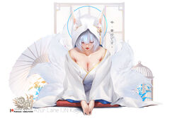  animal_ears anthro azur_lane breasts cage cleavage dako6995 foxgirl hoodie japanese_clothes kaga_(azur_lane) kimono multiple_tails tail umbrella watermark wedding_attire white_hair 