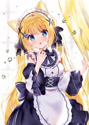  animal_ears apron bad_id bad_pixiv_id blue_eyes blush cat_ears commentary female hair_ribbon hairband hanazono_serena headdress highres indie_virtual_youtuber indoors kawachi_rin looking_at_viewer maid maid_apron maid_headdress open_mouth ribbon sidelocks simple_background solo symbol-only_commentary twintails virtual_youtuber 