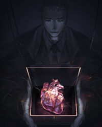  1boy ashes black_hair black_necktie box chinese_commentary closed_eyes closed_mouth coat commentary_request dark dunn_smith heart highres holding jacket lord_of_the_mysteries male_focus mizukai necktie shirt short_hair smile solo string 