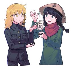  2girls bad_id bad_twitter_id black_bow black_hair black_pants black_shirt blonde_hair bow braid cigarette closed_mouth commentary cookie_(touhou) cowboy_shot cropped_legs dress green_dress green_eyes green_tea_(cookie) hairbow hat highres hita_(hizokuseikogeki) holding holding_cigarette kirisame_marisa long_hair looking_at_another mikami_makoto multiple_girls open_mouth pants red_scarf rice_hat scarf shirt side_braid simple_background single_braid smile smoke touhou twin_braids white_background yatadera_narumi yellow_eyes 