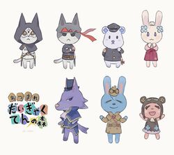  2girls 5boys :&lt; :3 animal_crossing animal_ears animal_nose arm_behind_back armband arms_up artist_name ascot barok_van_zieks belt black_eyes black_fur black_hair black_headband black_headwear black_jacket blank_eyes blue_capelet blue_eyes blue_flower blue_fur blue_hair blue_jacket blue_shirt blush_stickers body_fur bottomless brown_capelet brown_coat brown_dress brown_headwear buttons capelet cat_boy cat_ears chibi chinese_commentary closed_eyes closed_mouth coat commentary_request crossed_arms dated deerstalker dress eyewear_on_headwear flat_chest floral_print flower full_body furrification furry godzillapigeon1 goggles grey_fur gyakuten_saiban hair_flower hair_ornament hair_tie hakama hakama_skirt half-closed_eyes hamster_boy hamster_ears hand_up hands_up happy hat headband heart herlock_sholmes highres hood hood_up iris_wilson jacket japanese_clothes katana kazuma_asogi kimono light_blush logo_parody long_sleeves looking_at_viewer masked_apprentice_(ace_attorney) multiple_boys multiple_girls open_mouth outstretched_arms parody peaked_cap pink_fur pink_kimono pocket purple_eyes purple_fur rabbit_boy rabbit_ears rabbit_girl red_hakama red_headband ryunosuke_naruhodo scar scar_on_face school_uniform sheath sheathed shirt short_hair signature simple_background skirt sleeveless sleeveless_dress smile snout standing straight-on style_parody susato_mikotoba sword tail the_great_ace_attorney the_great_ace_attorney:_adventures the_great_ace_attorney_2:_resolve top_hat topknot translated two-tone_fur weapon white_ascot white_background white_shirt wolf_boy wolf_ears wolf_tail 