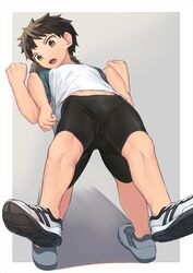  2boys ass ass_visible_through_thighs assisted_stretching back-to-back bike_shorts black_hair black_shorts brown_eyes bulge clenched_hands crotch_seam exercising hands_up highres legs_apart lifting_person locked_arms male_focus midriff_peek multiple_boys nayoshi_(r-744) open_mouth original outside_border shirt shoes short_hair short_sleeves shorts sneakers spiked_hair spread_legs standing stretching 