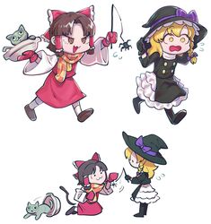  2girls :3 bad_id bad_twitter_id benikurage_(cookie) black_coat black_gloves black_headwear bow braid brown_eyes brown_footwear brown_hair cat_teaser checkered_clothes checkered_scarf closed_mouth coat commentary cookie_(touhou) detached_sleeves feline fleeing frilled_bow frilled_hair_tubes frills full_body gloves hair_tubes hairbow hakurei_reimu hat hat_bow highres hita_(hizokuseikogeki) kirisame_marisa long_hair looking_at_another medium_hair mittens multiple_girls nabe open_mouth orange_scarf parted_bangs paw_pose petticoat playing purple_bow red_bow red_mittens red_shirt red_skirt rei_(cookie) running scarf shirt shoes side_braid simple_background single_braid skirt sleeveless sleeveless_shirt smile socks touhou white_background white_legwear white_sleeves witch_hat yellow_scarf 