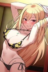  absurdres barbell_piercing bare_shoulders bikini black_bikini blonde_hair blush breasts cleavage collarbone cowboy_shot female floral_print grin gyaru halterneck highres indoors jewelry kitagawa_marin large_breasts long_hair md5_mismatch navel necklace o-ring o-ring_bikini otakummm piercing pink_eyes print_bikini red_eyes shirt_over_head side-tie_bikini_bottom smile solo sono_bisque_doll_wa_koi_wo_suru strap_gap string_bikini swimsuit undressing very_long_hair wide_hips 