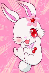  anthro blush bokeh chibifur female frutiger_metro fur hi_res jewelpet jewelry lagomorph legs_up leporid mammal necklace one_eye_closed pink_background rabbit red_eyes ruby_(jewelpet) sanrio sega sega_fave simple_background solo star star_bokeh white_body white_fur wink y2k_(graphic_design) yoyoinoyoshi 