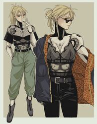  absurdres animal_print black_pants black_sclera blonde_hair breasts colored_sclera commentary covered_mouth crop_top cyborg earrings english_commentary female florbetriz genderswap_(mtf) genos hair_bun hand_in_pocket highres holding holding_phone jewelry joints leopard_print looking_at_viewer looking_over_eyewear looking_to_the_side mechanical_arms mechanical_parts off_shoulder one-punch_man pants phone robot_joints rule_63 science_fiction see-through see-through_shirt shirt short_hair side_ponytail sideways_glance single_hair_bun small_breasts sunglasses tassel tassel_earrings yellow_eyes 